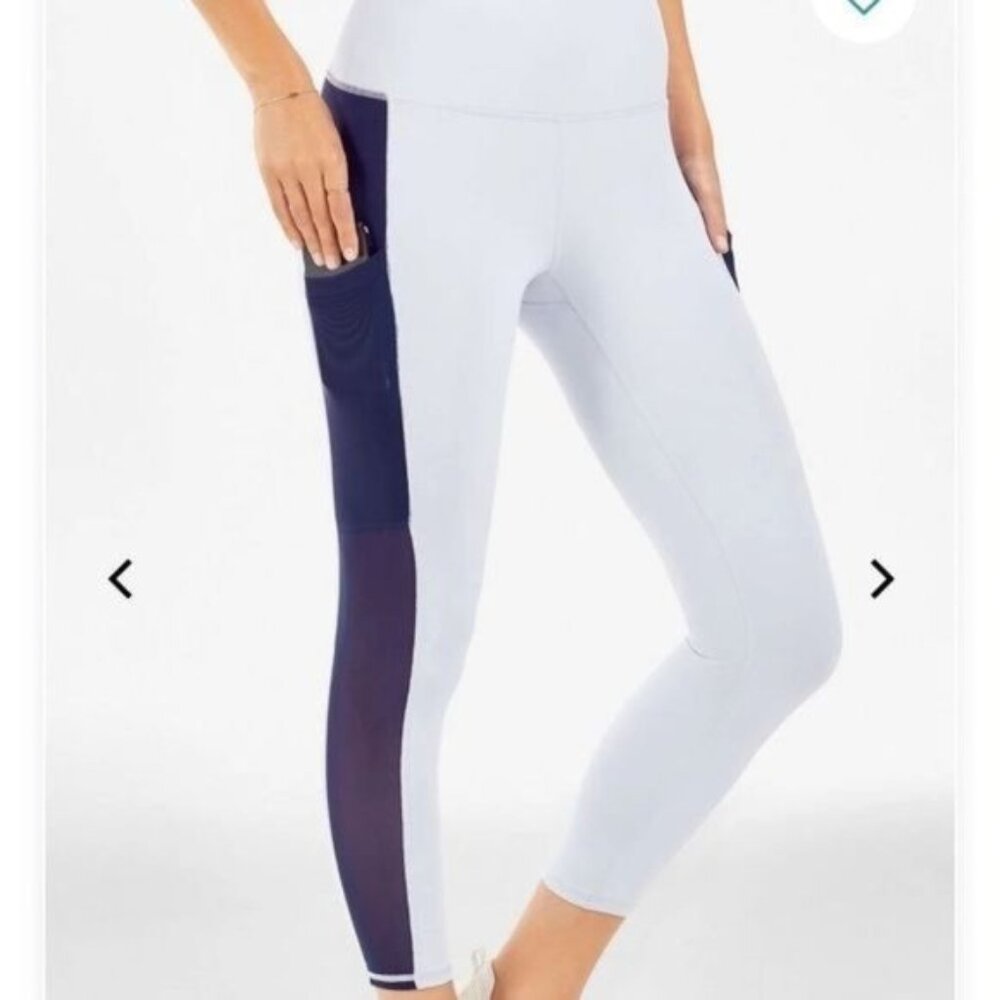 Fabletics Mila Pocket Powerhold Light Blue w/Dark Blue Stripes Capri Leggings-S